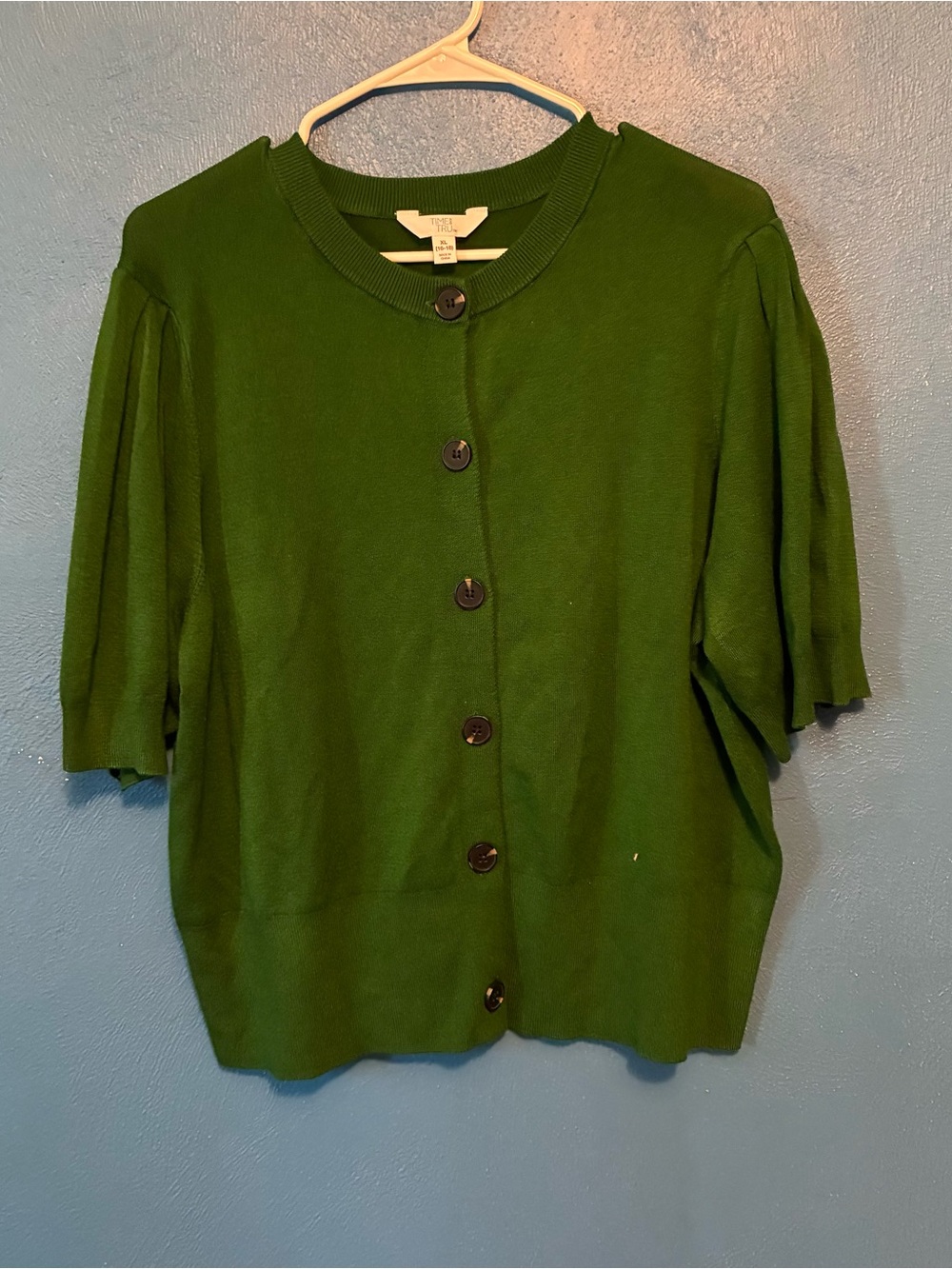 Time and Tru Green Short-Sleeve Button Cardigan Sweater